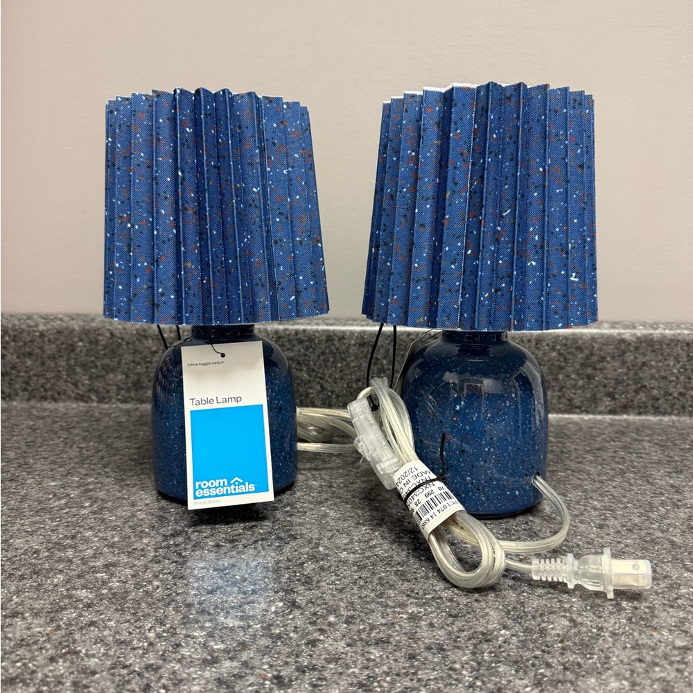 Room Essentials Set Of 2 Mini Blue Speckle Ceramic Base Table Lamp Pleated Shade